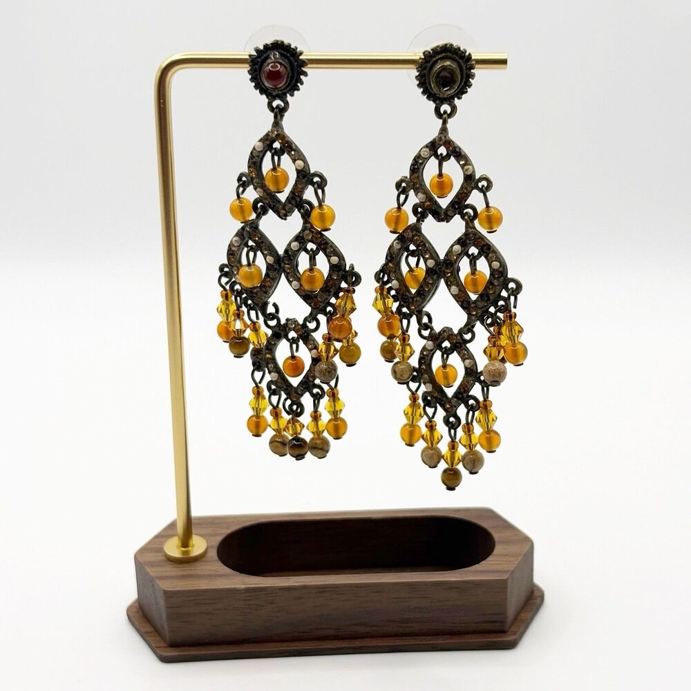 Bronze Filigree Chandelier Pierced Earrings With Amber Colored Crystals BOHO 3”